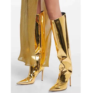 Botas de tacón de aguja puntiagudas de cuero con estampado de serpiente en pintura metálica láser dorada y plateada, diseño largo, botas de moda de invierno con estampado de serpiente - Product Image 1