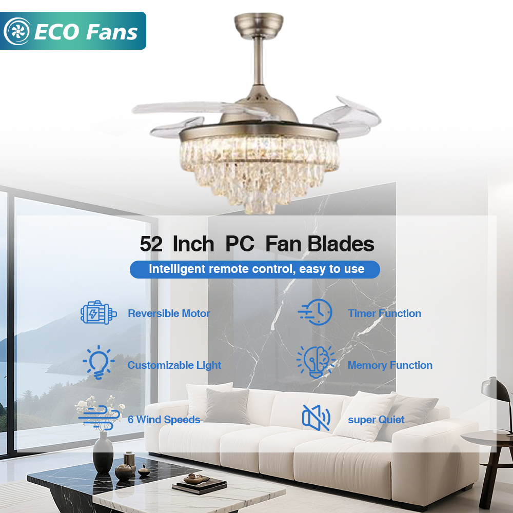 52" Contemporary Crystal Ceiling Fan with European Luxury Lamp Body and Smart Remote Control for Living Room