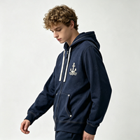 Hoodie Zip Up Bordir Sun Faded Heavyweight Vintage Wash Streetwear Biru Dongker Pria Kasual Atasan Fashion Brand Pakaian Grosir