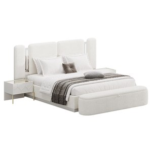 Ensemble de meubles de chambre à coucher luxueux en tissu blanc avec lit, armoire, coiffeuse, miroir pleine longueur Aina par WOODEX Home Furniture - Product Image 1