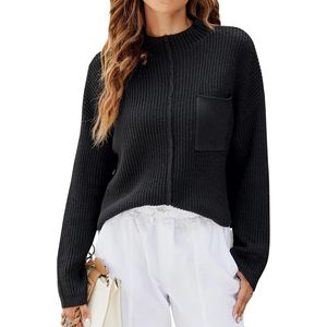 Pull en maille à col montant pour femme, à manches longues, avec poche, décontracté, anti-boulochage, pour l'automne - Product Image 1