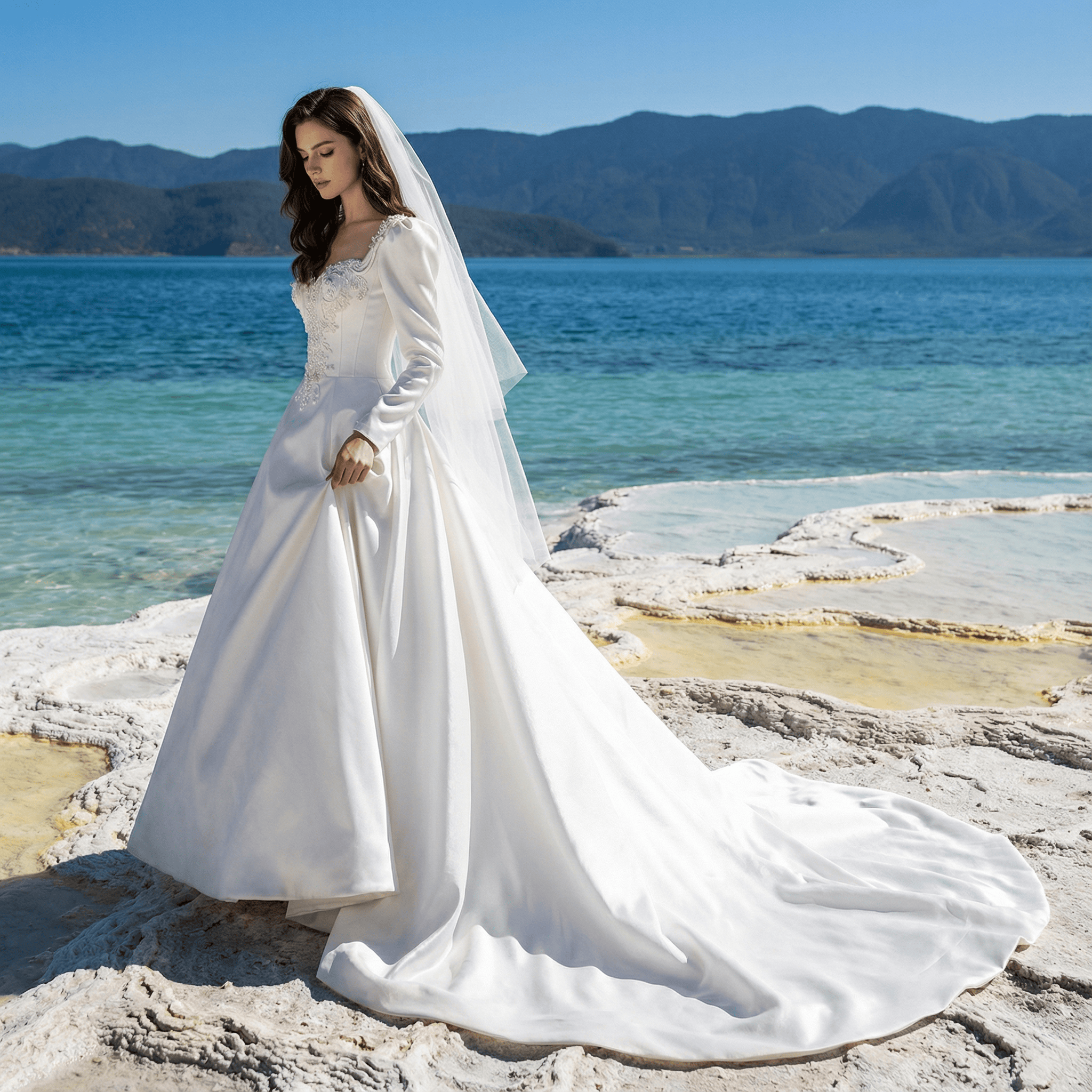 open lace back dress Illusion Long Sleeve Lace Shimmery Tulle A-Line Wedding Gown