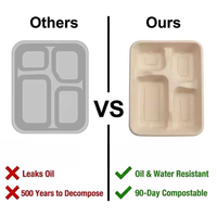 Plateau de service compostable et biodégradable en bagasse de canne à sucre à 4 compartiments avec couvercle pour buffet