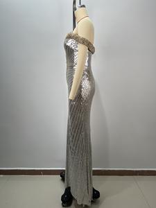 Elegante abito da sera con paillettes argento da donna con spalle scoperte lungo abito formale a sirena di lusso abiti da sera scintillante - Product Image 4