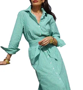 Vestido de encaje para mujer europea y americana falda de camisa de longitud media con botones y solapa a cuadros elegante y de moda