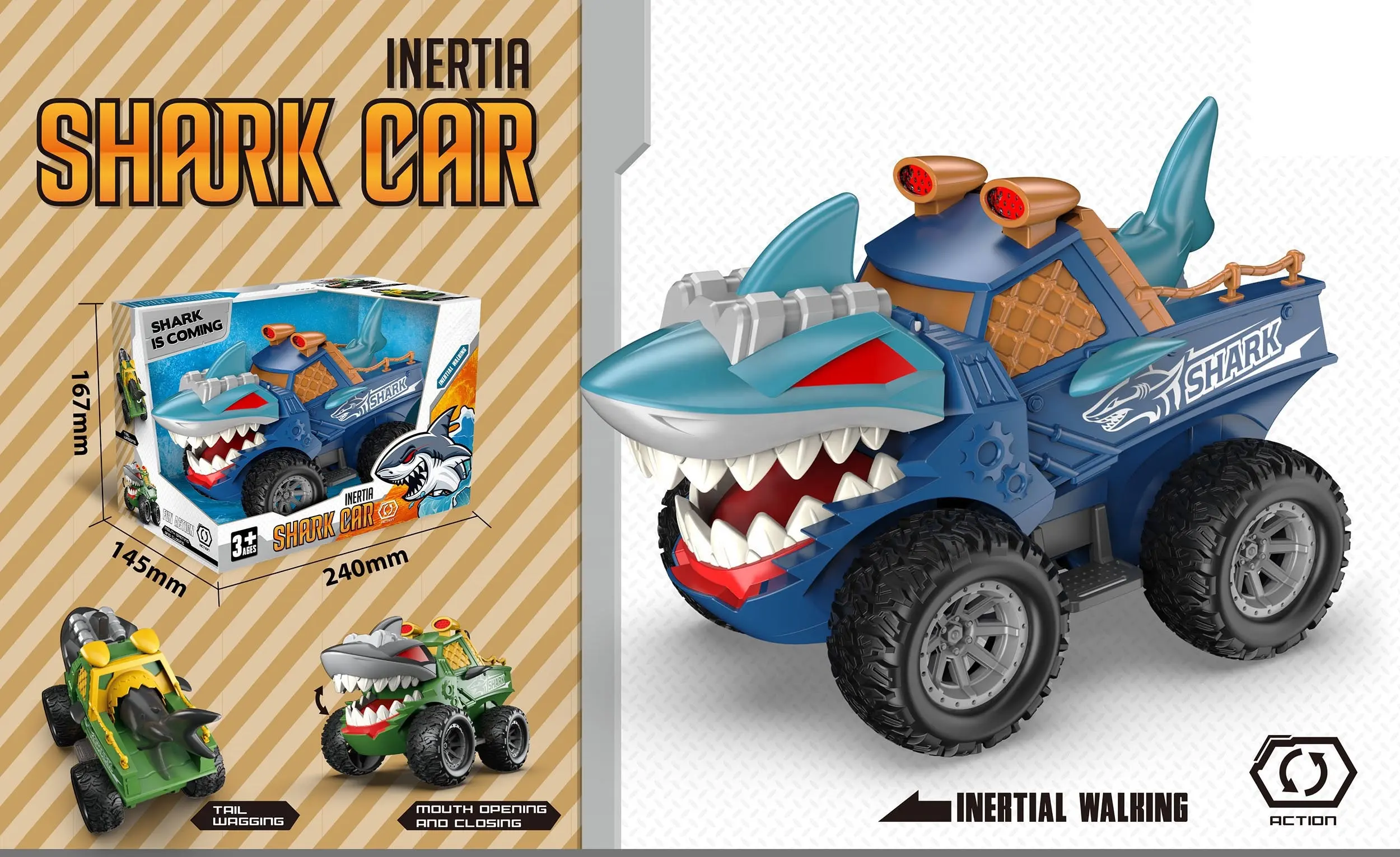 Vehículo de juguete de fricción, coche de tiburón de plástico, juguete de mano, juguete para caminar por inercia con movimiento de cola y función de apertura de boca