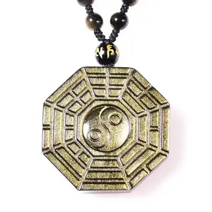 Pendentif en pierre d'obsidienne dorée sculptée yin-yang Gossip huit diagramme pendentif perles collier cadeau pour hommes bijoux