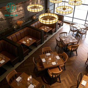 Ensemble de meubles vintage en cuir marron à rayures, comprenant une banquette demi-circulaire carrée et un ensemble table et chaises en bois pour <span class=keywords><strong>restaurant</strong></span> rapide ou café. - Product Image 2
