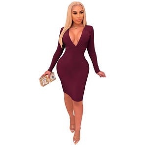 Vestido de Mujer Ajustado de <span class=keywords><strong>Manga</strong></span> Larga con Cuello en V y Cintura Nueva de Primavera de 2022 - Product Image 3