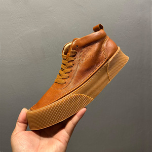 Zapatillas de Hombre con Caña Alta, de Cuero Marrón, Casuales, con Suela Acolchada, Cordones Delanteros, Color Sólido, Talla Adulto - Product Image 1