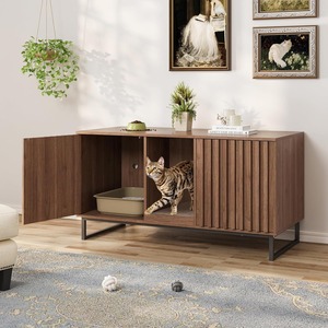 Modern Wooden Walnut Fluted Hidden Cat <strong>Litter</strong> <strong>Box</strong> <strong>Furniture</strong> for 2 Cats-Eco-Friendly Durable Scratch-Resistant - Product Image 1