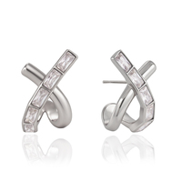 Anting-anting tusuk salib X dari baja anti karat presisi J&D Jewelry, minimalis warna silver, zirconia baguette, tahan air, untuk wanita