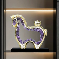 Sculpture de cheval en cristal d'améthyste naturelle, décoration moderne de luxe plaquée or pour la maison et le bureau, ornement fait main, cadeau de pendaison de crémaillère