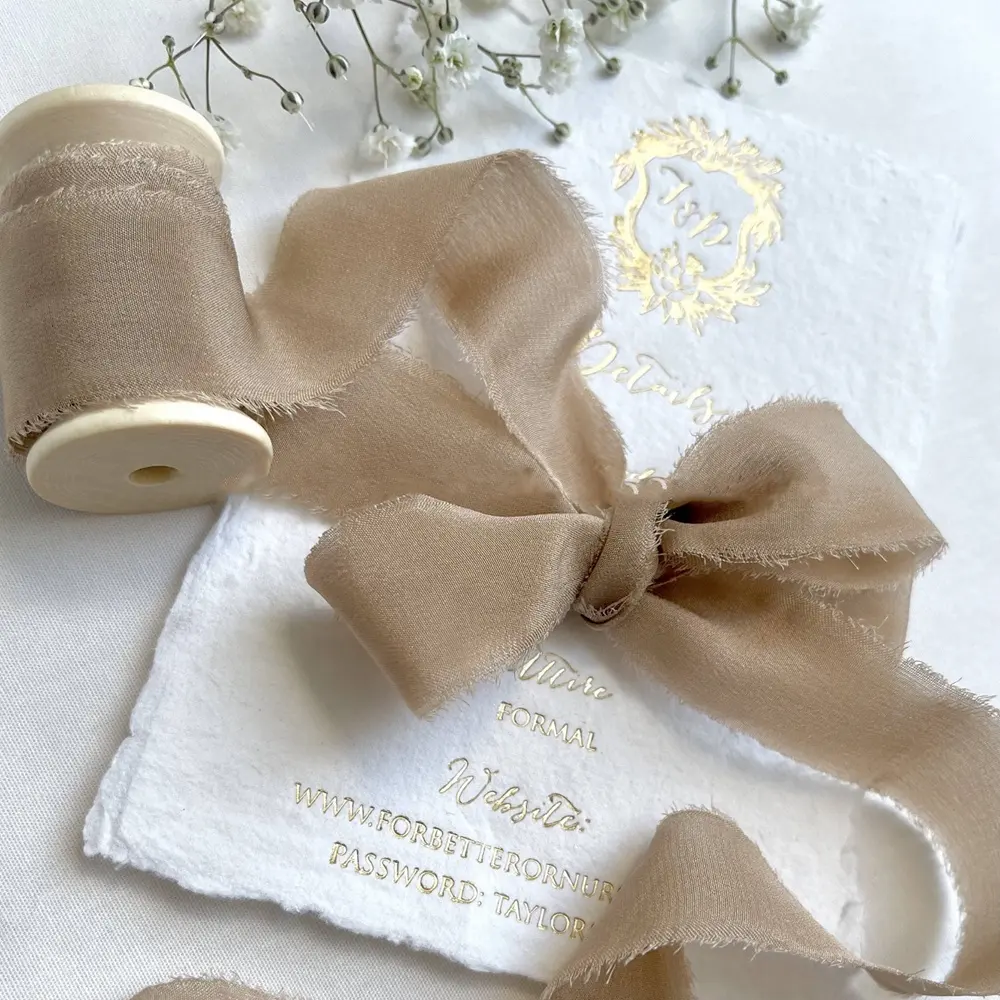 unique luxury wedding event decor mulberry fringe handmade raw edge pure silk ribbon