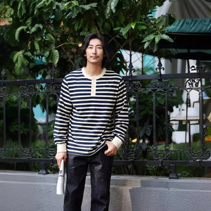 T-shirt Henley à manches longues côtelé lâche et épais 230g pour <span class=keywords><strong>homme</strong></span>, style rayé breton pour le quotidien décontracté - Product Image 4