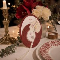 Carte de menu ovale rouge, ensemble de cartes de placement Anthurium, carte de nom de table pour banquet de mariage, décoration romantique pour fête, baby shower, vente en gros