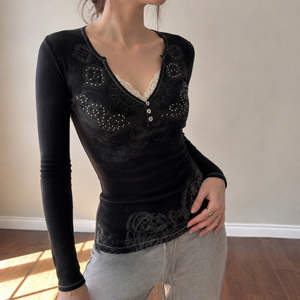 Women's Lace Trim V Neck Long Sleeve Top Paisley Print Slim Fit Button Front Stretch Knit Vintage <b>Gothic</b> Y2K Streetwear T-<b>shirt</b> - Product Image 3