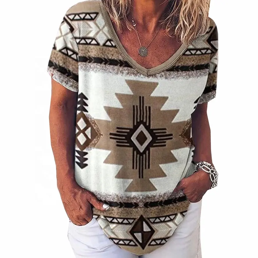 Rodeo Classic Style Fancy Summer Southwest Texas Women Aztec Print Casual Tee Shirts