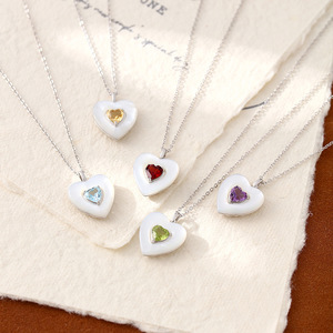 Collier pendentif cœur halo en nacre et cristal haut de gamme, argent sterling 925, pierre naturelle taille cœur 6 mm - Product Image 2