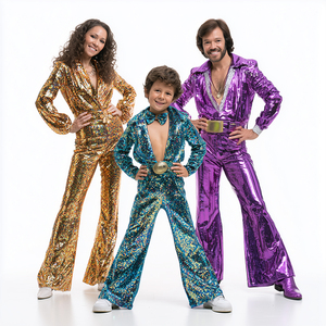 Ensemble de combinaisons à paillettes assorties pour la famille, style disco des années 70, pantalon pattes d'éléphant, costume pour hommes, femmes et enfants, tenue rétro pour fête cosplay - Product Image 1
