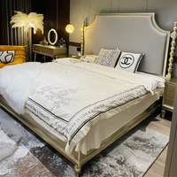 Lit mural en bois massif de style rétro américain, luxe léger, 1,8 m/1,5 m, chambre principale, lit de mariage, revêtement en cuir véritable, or champagne