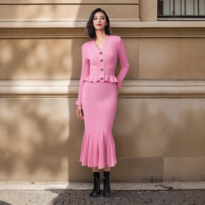 Ensemble deux pièces pour femme, style français, cardigan à col en V à volants, jupe longue moulante à queue de poisson, couleur unie, tricot extensible, MLXL - Product Image 3