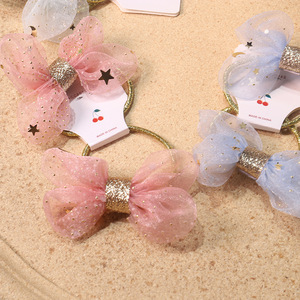 Coletero de malla estilo coreano para niños, color caramelo, con lazo, linda estrella de cinco puntas con brillantina, paquete doble de coleteros para el cabello de bebé - Product Image 2