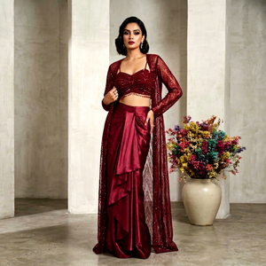 Conjunto indio-pakistaní de satén con cuentas color borgoña, mezcla de gasa, para fiesta nupcial, largo hasta el suelo, ajuste regular, secado rápido - Product Image 1