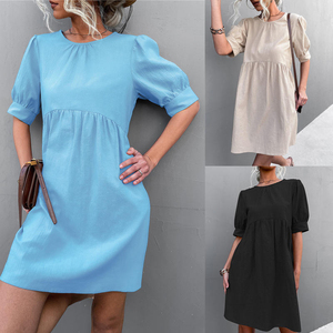 Nuevo vestido de manga abullonada con botones y cuello redondo, color liso, en oferta para primavera y otoño. - Product Image 3