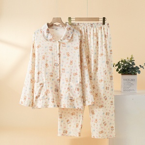 Pyjama long en <span class=keywords><strong>mousseline</strong></span> de coton imprimé pour femme, collection printemps-automne, fin, à manches longues, tenue d'intérieur deux pièces, style doux et frais, ODM - Product Image 4