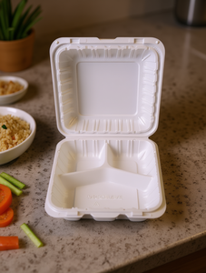 Contenitore per Alimenti Minimalista a 3 Scomparti con Coperchio a Cerniera, Serie Mfpp 9x9, in PP Bianco, Adatto al Microonde, per Asporto e Conservazione - Product Image 2