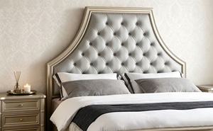 Premium <b>Queen</b> <b>Size</b> Champagne Finish <b>Bed</b> With Grey Diamond Tufted Nailhead Tall Arched Upholstered Headboard For Luxury Bedroom - Product Image 4