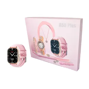 A58 Plus 2024 Reloj dorado de lujo para mujer Conjunto de regalo único Collar de oro para mujer Anillo Banda doble Reloj inteligente para mujer A58 PLUS A58