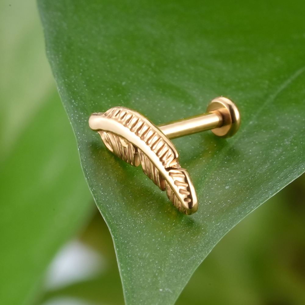 Forward Helix Piercing Feather Gold Helix Earring 14K Solid Ball