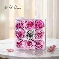 Fournisseur direct d'usine - 9 roses éternelles dans une boîte cadeau en acrylique - Décorations de remise de diplôme - Longue durée (3-5 ans) - Fabriquées à la main