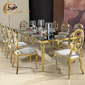 Yeni stil ayna yemek ayna yemek masası cam üst 12 kişilik düğün mobilyası Metal yemek masası özelleştirilmiş Modern