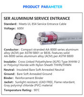 Cable de Servicio JZD OEM 600V con Certificación UL854, 2 Hilos XHHW2, 4/0 para Alimentación de Panel, Entrada de Servicio 500KCMIL 350MCM