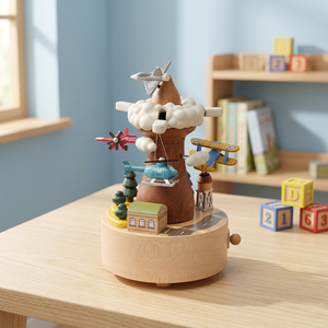 [1A] Boîte à musique à manivelle en érable dur avec son de 30 secondes pour enfants, modèle avion à hélices - Product Image 2