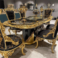 Ensemble de salle à manger en bois massif sculpté, meubles anciens de luxe, noir et or, ensemble de table à manger 6 places