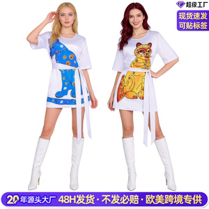 Costume de cosplay Aba Band pour femmes, tenue de scène rétro disco, jupe jaune et bleue avec étiquettes - Product Image 3