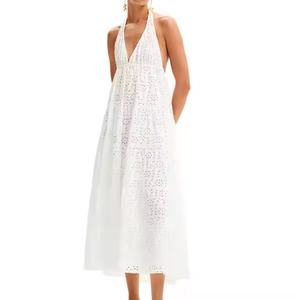 Nuevo Vestido Maxi de Lino para Mujer, Estilo Festivo, de Alta Calidad, con Ojales Delicados, Escote Pronunciado, Largo, Tipo Halter, Corte A, Modesto - Product Image 1