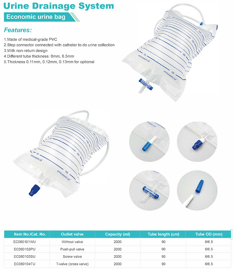 Bolsa de orina de lujo simple de alta calidad de 2000 ml (válvula cruzada) para uso médico