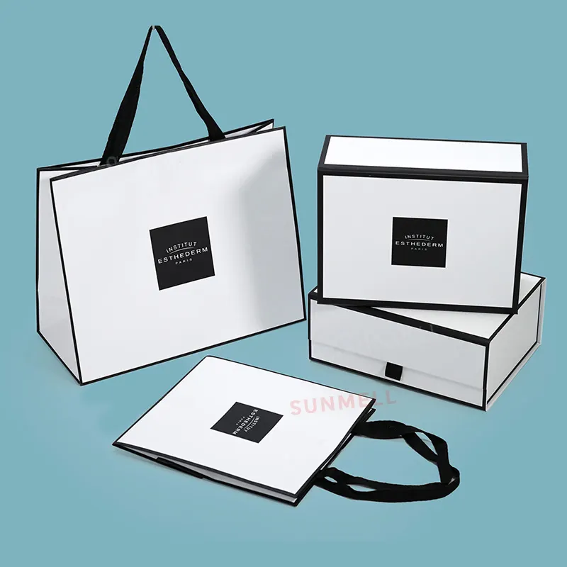 リボンハンドルブラックボーダープリントホワイトペーパーバッグスキンケアショッピング用カスタム衣類包装バッグカスタムペーパーバッグ