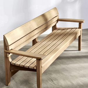 Banc de jardin moderne en teck, extra long, avec dossier à 3 niveaux en lattes, mobilier de patio - Product Image 1