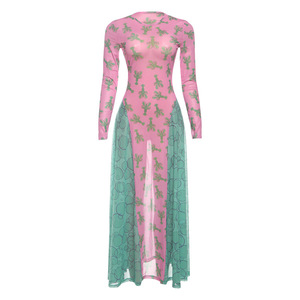 เดรสแฟชั่นแขนยาวพิมพ์ลายดิจิตอล 3 มิติ ผ้าตาข่ายต่อสีสันสำหรับผู้หญิง คอลเลคชั่นฤดูใบไม้ร่วง - Product Image 6