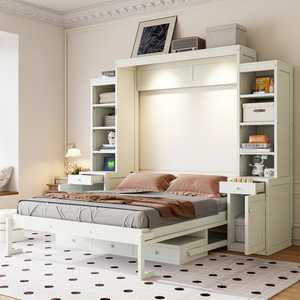 Queen Size Modern Solid Wood Murphy Bed with <b>Desk</b> & Storage Space-Saving <b>Wall</b> Bed with Cabinets & Drawers White - Product Image 2