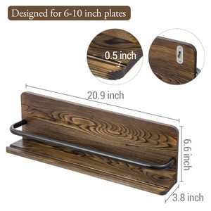 Présentoir <span class=keywords><strong>mural</strong></span> rustique <span class=keywords><strong>porte</strong></span>-assiettes en bois, étagère en bois et cintres décoratifs en métal noir pour la cuisine - Product Image 4