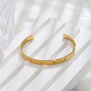 24k Stainless Steel Real Fashion <b>Gold</b> Plated Octagon Star Opening C-Shape Zircon <b>Bracelet</b> for Women - Product Image 3