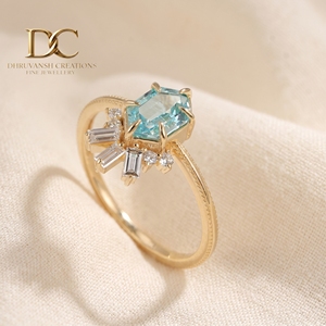 Bague élégante en or jaune massif 14 carats avec diamant de laboratoire et tourmaline Paraiba de laboratoire, bijoux pour femmes certifiés IGI - Product Image 4
