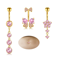 Perhiasan Cincin Pusar Baja Anti Karat Berlapis Emas 18k dengan Zirkonia Pink, Grosir Cincin Pusar Wanita, Aksesoris Tindik